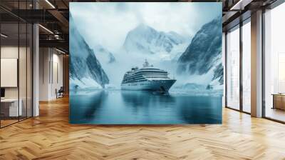 A cruise ship cruises through a valley framed by imposing glaciers and towering snow-covered peaks. Wall mural