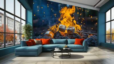 A group of friends roasting marshmallows over the fire Wall mural