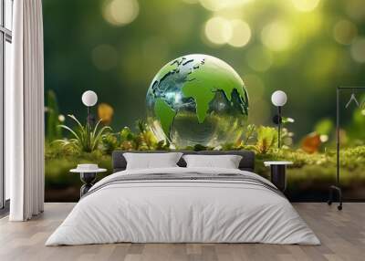 Crystal sphere symbolising the planet earth on a green forest bed. Wall mural