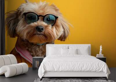 Dog wearing colorful clothes and sunglasses dancing on yellow background Wall mural