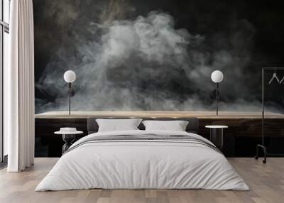 Empty wooden table with smoke on dark background. Wall mural