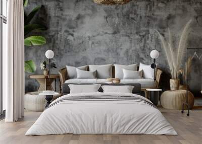 Gray wall interior mockup with rattan furniture Wall mural