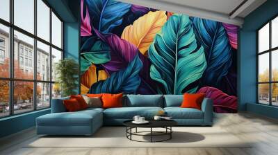 illustration of neon  leaves growing in tropical forest Wall mural