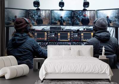 Individuals at a control desk with multiple screens indicate a live broadcast operation isolated on white background Wall mural