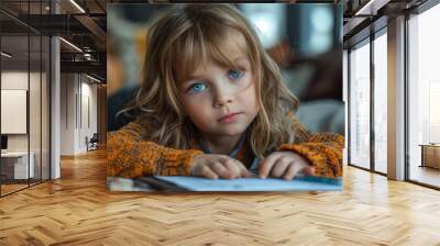 Sad child doing homework Wall mural