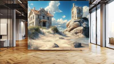 The parable of the houses built on sand and rock. A wise man builds his house on rock, and a foolish man on sand. Wall mural