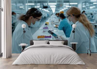 Two medical professionals in lab coats, one wearing eyeglasses and the other with a mask Wall mural