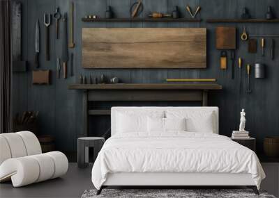 Workshop scene with various woodworking tools Wall mural