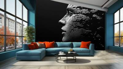 A 3D rendering of a human face with a cracked and broken texture, symbolizing fragility and vulnerability. Wall mural