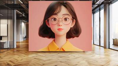 A 3D rendering of a young woman with short brown hair, wearing round glasses and a yellow shirt, looking directly at the camera with a soft expression, set against a pink background. Wall mural