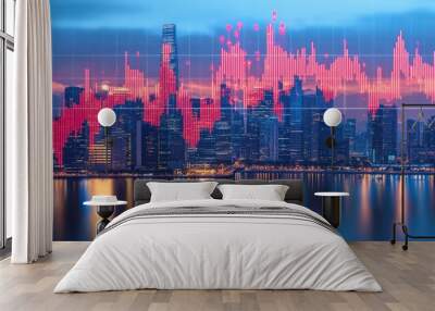 A cityscape skyline at night with a red graph overlay, symbolizing economic growth and development. Wall mural