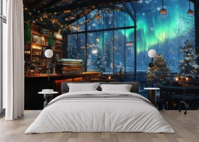 A cozy cafe with a view of the Northern Lights.  A warm, inviting space with wooden furniture and a view of the winter wonderland outside. Wall mural