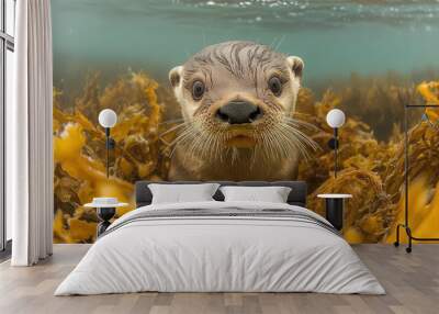 A curious otter swims through seaweed, looking directly at the camera. Wall mural