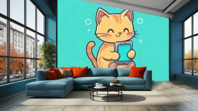 A cute cartoon cat holding a smartphone. Wall mural