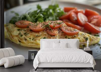 A delicious omelet with cherry tomatoes and arugula on a white plate. Wall mural