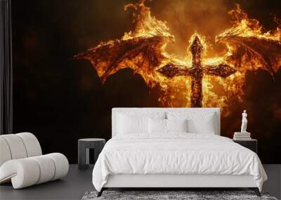 A fiery cross with wings of fire against a dark background. Wall mural