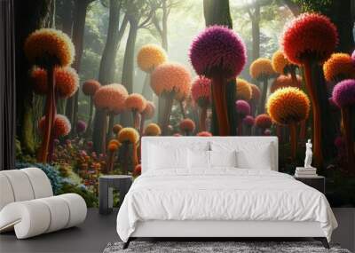 A magical forest with colorful trees and flowers in the morning light. Wall mural