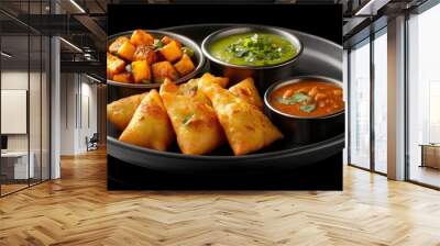 A plate of samosas with two dips and potatoes. Wall mural