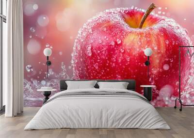 A red apple with water drops on a pink background. Wall mural