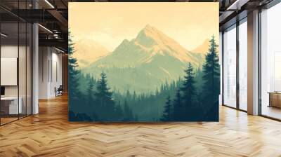 A serene mountain range with a golden sky and a dense forest in the foreground. Wall mural