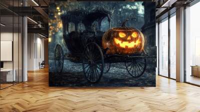 A spooky Halloween carriage with a jack-o'-lantern in the front, lit up by the flickering candlelight. Wall mural