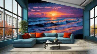 A vibrant sunset over the ocean with crashing waves, creating a stunning scene of nature's beauty. The sun casts a warm glow on the water and the sky is ablaze with color. Wall mural