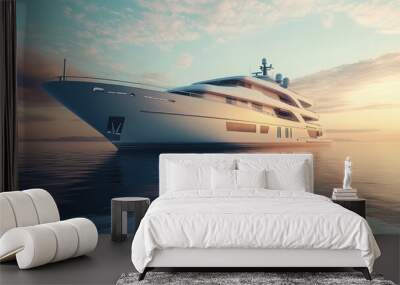 A white luxury yacht is docked on the calm waters of the ocean at sunset. Wall mural