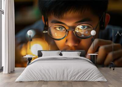 A young man in glasses intently works on an electronic circuit board. Wall mural