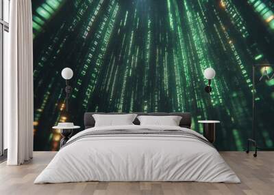 Abstract digital green code background with glowing lines and numbers. Wall mural