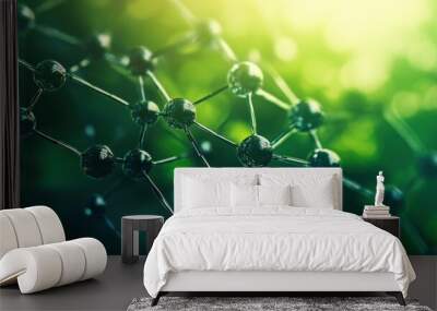 Abstract molecular structure with green background and sun glare. Wall mural