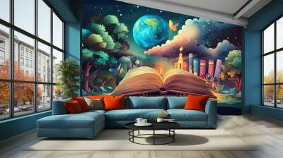 An open book with a glowing Earth floating above it, surrounded by trees, clouds, stars, and a cityscape. Wall mural