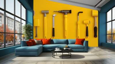 artistic vibrant yellow maintenance tools and equipment minimalist style and grey creative silhouette minimalist look fun pose clean white background in clean studio lighting product photography 32k Wall mural