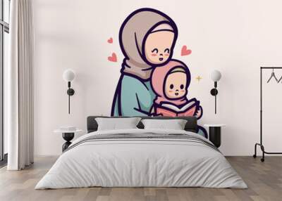 islamic ramadan cute vector illustration design mother and daughter reading quran koran alquran Wall mural