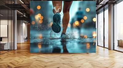 Runner's feet splashing through puddles in the rain. Wall mural