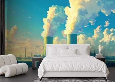 Two tall cooling towers of a power plant with wind turbines on the horizon, under a blue sky with white clouds. Wall mural