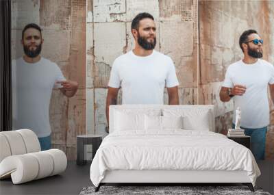 Collage of photos with young bearded guy in blank white t-shirt. Design men t shirt mock-up for print Wall mural