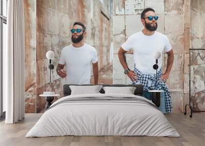 Collage of photos with young bearded guy in blank white t-shirt. Design men t shirt mock-up for print Wall mural