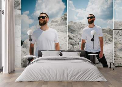 Collage of photos with young bearded hipster guy wearing white blank t-shirt front and back. Mock-up for print. T-shirt template. Wall mural