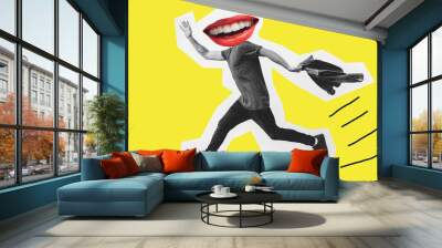 Crazy guy emotions and female lips instead of head. Collage in magazine style . Pop and modern art. Wall mural