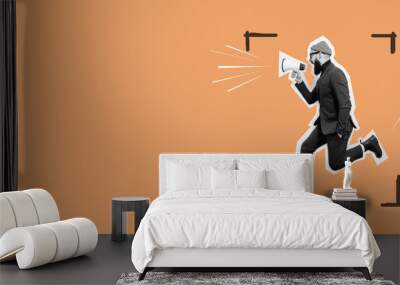 funny portrait of an emotional jumping guy with a megaphone. collage in magazine style. flyer with t Wall mural