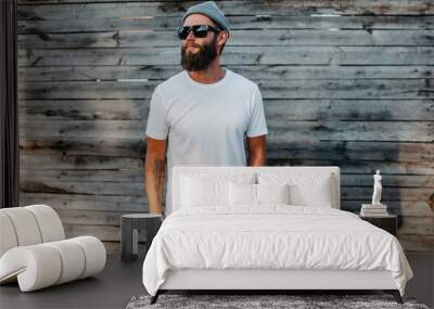 Young bearded hipster guy wearing white blank t-shirt. Mock-up for print. T-shirt template. Wall mural