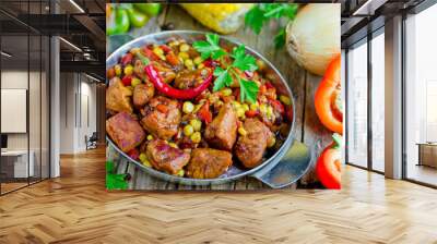 Meat stew with vegetables corn, pepper, onion, carrot in soy sauce gravy Wall mural