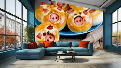 Piggies buns stuffed with sausage close up Wall mural