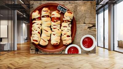 sausage mummies in dough scary halloween food celebration party Wall mural