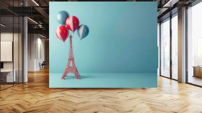 3d illustration of France National Day, French flag and Eiffel Tower with balloons on blue background for celebration French holiday concept Wall mural