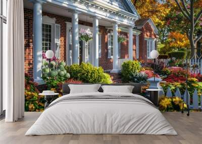 A charming Colonial-style home with a brick exterior, white columns, and a garden filled with colorful flowers and a white picket fence Wall mural