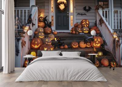 A charming Halloween scene featuring a collection of creatively carved pumpkins and spooky decorations arranged outside a cozy house Wall mural