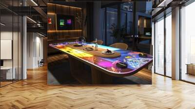 A dining area with a table that has a built-in digital art display for changing decor Wall mural