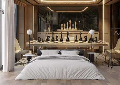 A dining space with a table that features a built-in chessboard for strategic dining Wall mural