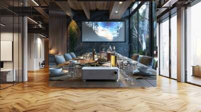 A dining space with a table that includes a built-in projector for movie nights Wall mural